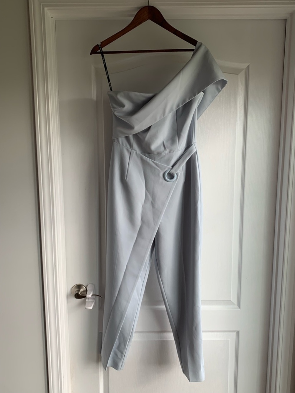 Lavish Alice Grommet Asymmetrical Off The Shoulder Jumpsuit Baby Blue